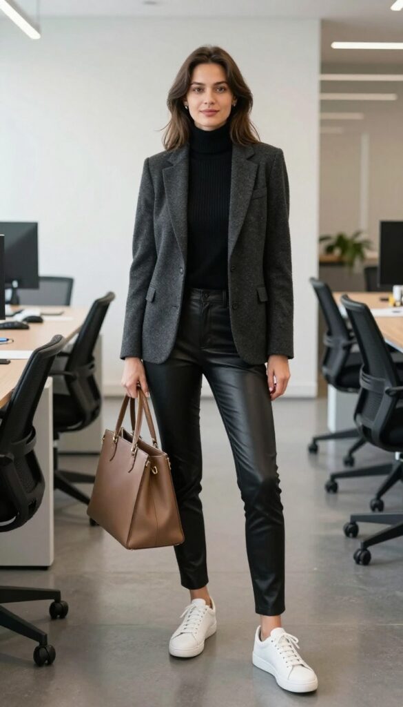 6. Turtleneck + Leather-Look Pants + Blazer + Sneakers
