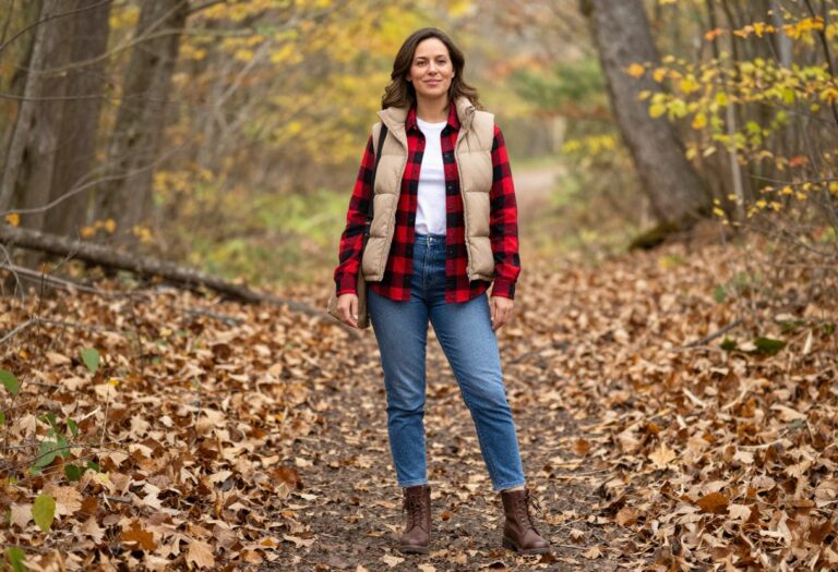 Woman in fall hiking outfit with flannel shirt, puffer vest, jeans, and boots on a forest trail