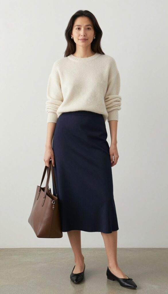 2. Midi Skirt with a Knit Top and Ballet Flats