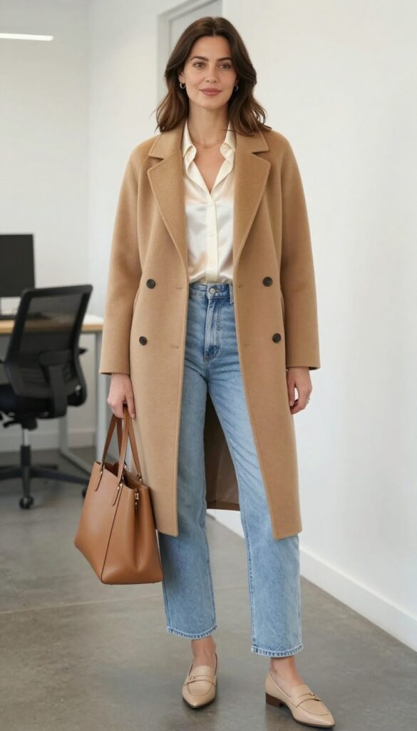 3. Camel Coat + Silk Blouse + Light Wash Jeans