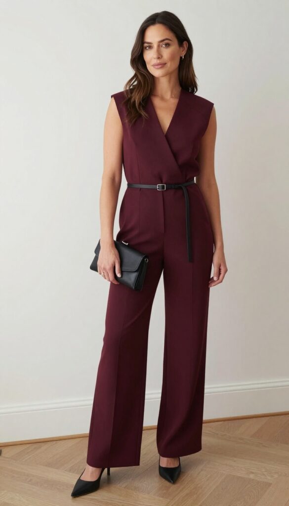 Adult woman in deep burgundy tailored jumpsuit with black belt and pumps, standing confidently in elegant indoor setting