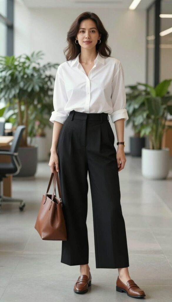 11. Button-Down Shirt and High-Waisted Trousers