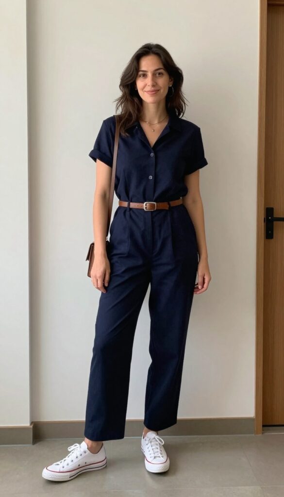 7. Navy Jumpsuit + Belt + White Sneakers