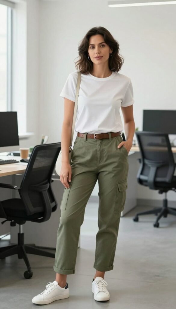 9. Cargo Pants + Simple Tee + Clean Sneakers