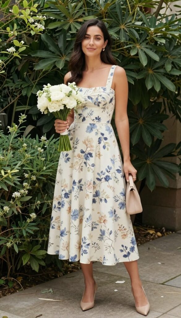 Woman in navy floral midi dress with nude pumps and beige clutch in garden