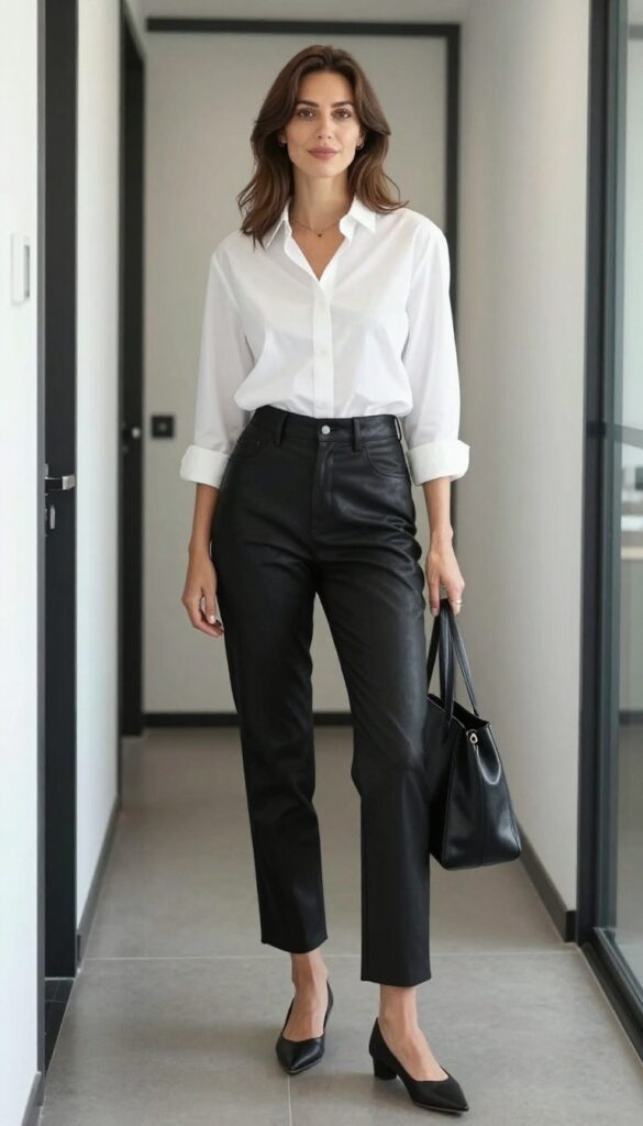 9. Button-Down Shirt and Leather-Look Pants