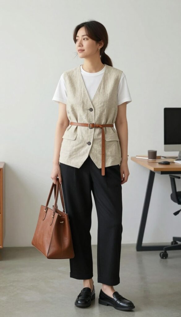 9. Oversized Vest with a Belt and Wide-Leg Trousers