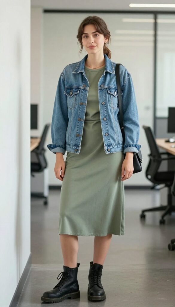 8. Denim Jacket + Midi Dress + Combat Boots
