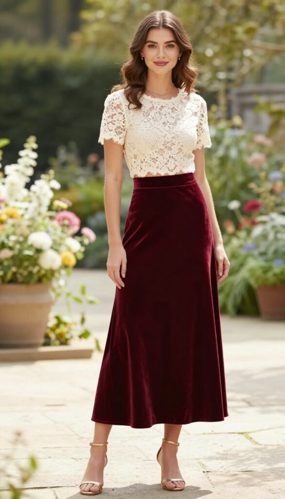 Woman in cream lace crop top and burgundy velvet high-waist skirt with gold heels and jewelry in garden