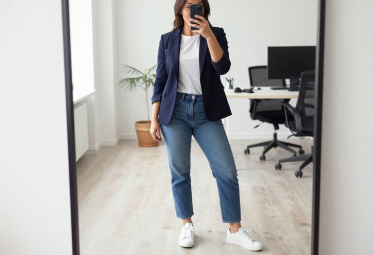 Woman in navy blazer, white tee, and jeans standing in a bright office