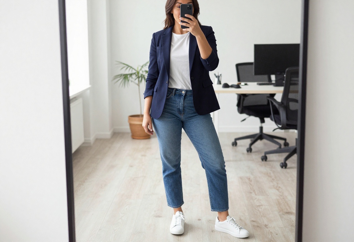 Woman in navy blazer, white tee, and jeans standing in a bright office
