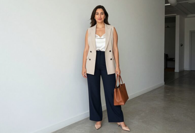 Woman in beige blazer vest and wide-leg trousers standing in office hallway
