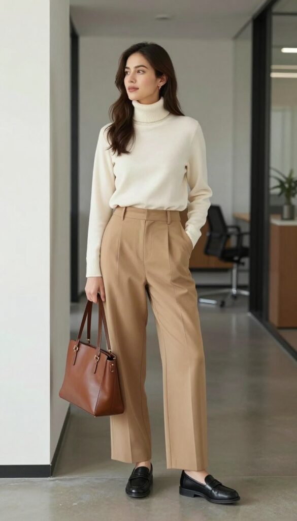 4. Wide-Leg Trousers + Fitted Turtleneck + Loafers
