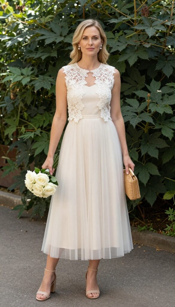 Woman in ivory tulle dress with lace bolero and pearl earrings in garden