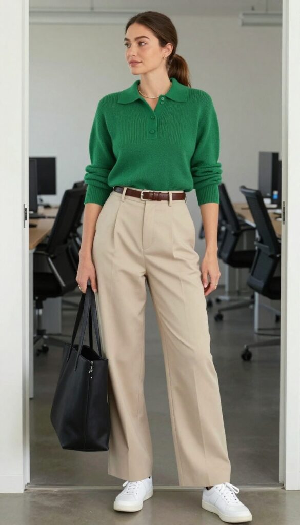 2. Knit Polo + Wide-Leg Trousers + Leather Sneakers