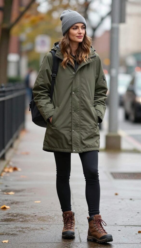 6. Parka with Fleece-Lined Leggings and Hiking Boots