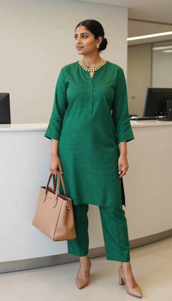 14. Silk Kurta with Straight Pants and Statement Necklace