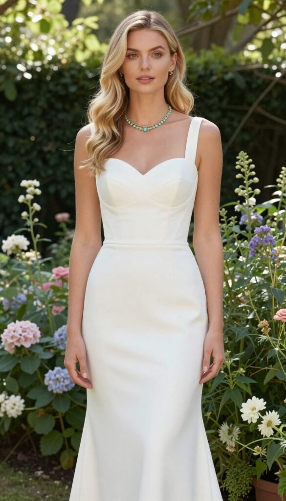 Woman in white sweetheart wedding dress with mint and gold layered necklace in garden