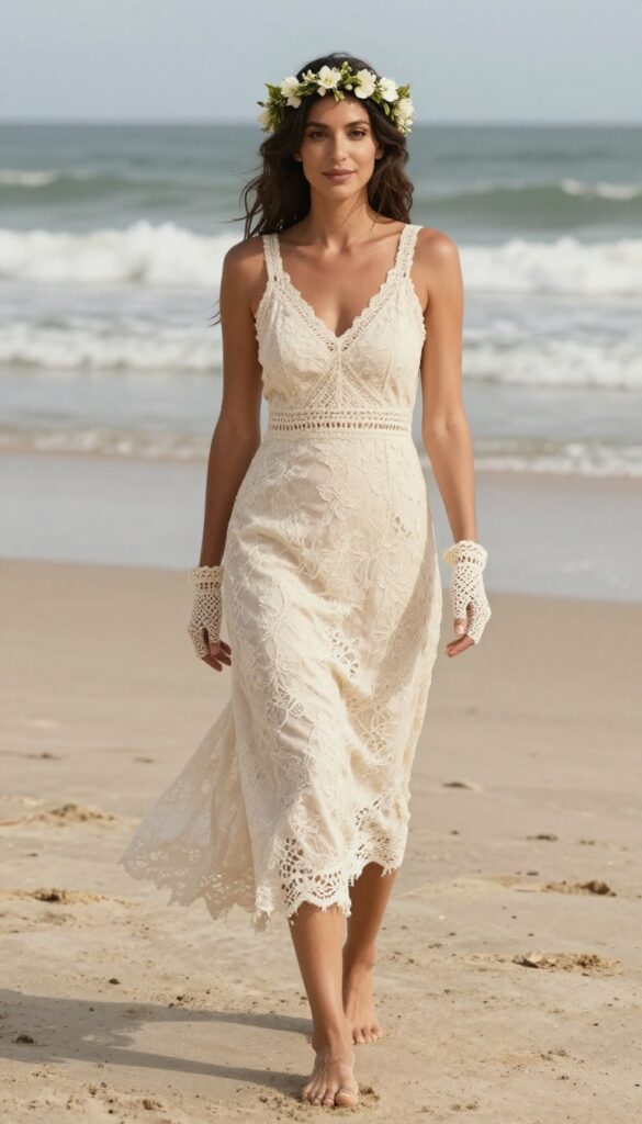 5. Bohemian Lace Dress with Crocheted Gloves