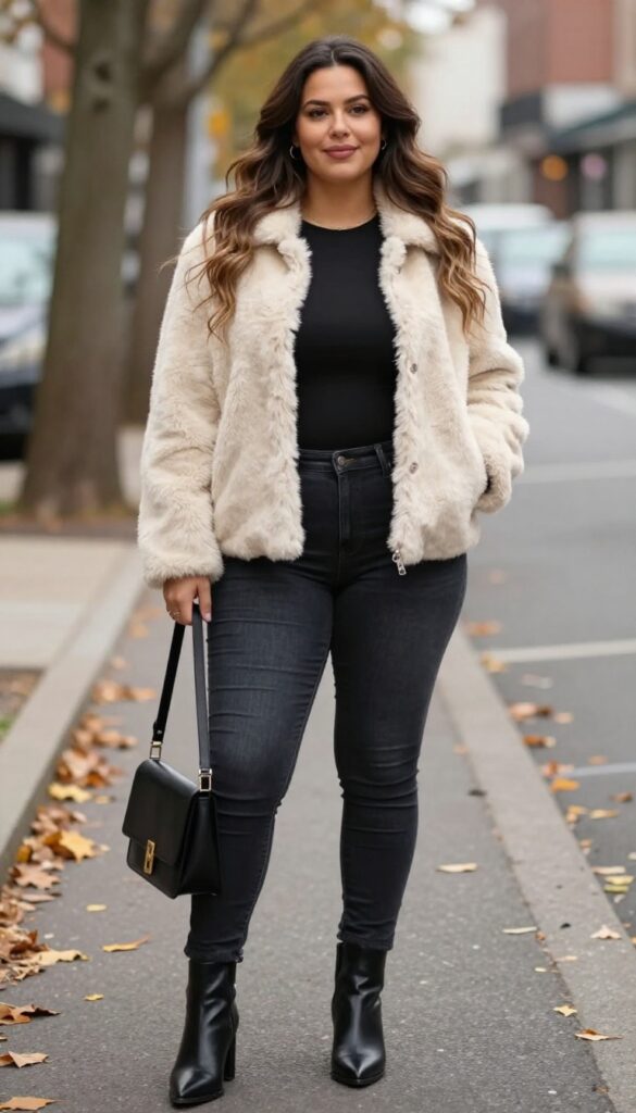 15. Faux Fur Jacket with a Simple Top and Dark Denim