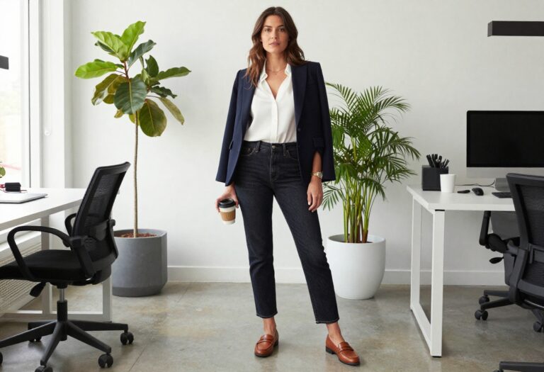 Woman in casual office outfit with dark jeans, blazer, and loafers standing in a bright office