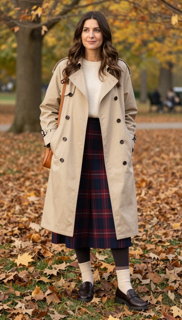 9. Trench Coat + Plaid Midi Skirt + Cashmere Sweater + Loafers