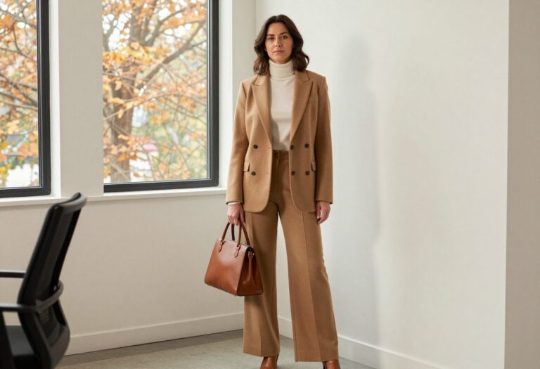Woman in camel blazer, cream turtleneck, and wide-leg trousers standing in an office hallway with autumn light.