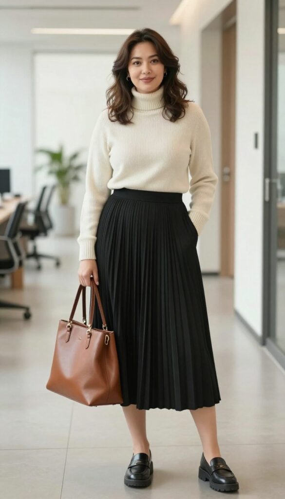6. Pleated Midi Skirt + Turtleneck + Chunky Loafers