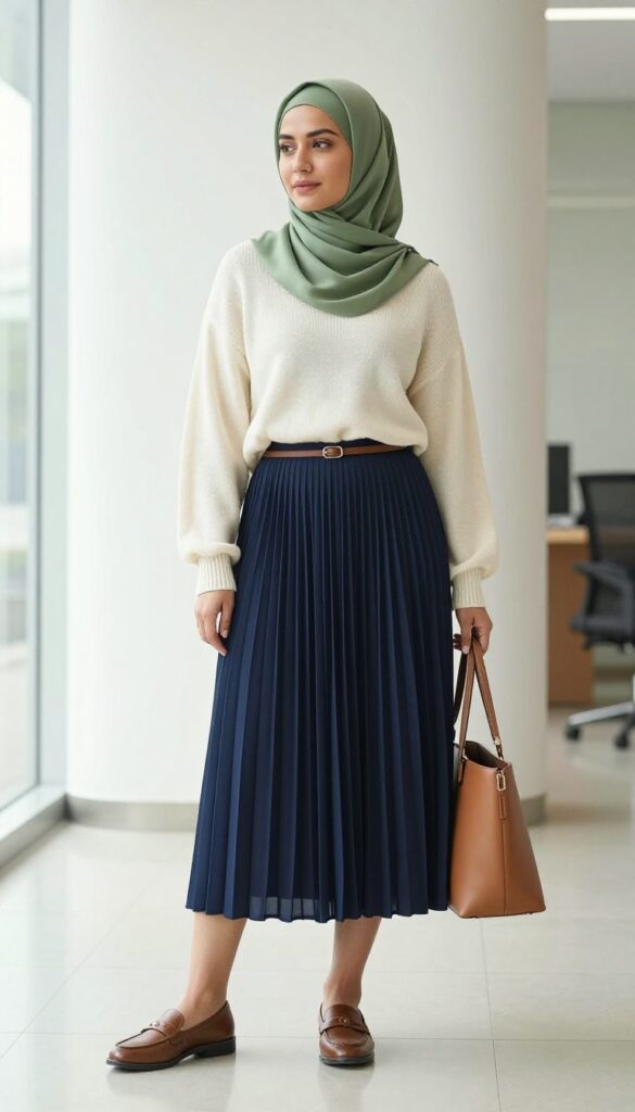 4. Knit Sweater + Pleated Midi Skirt + Loafers