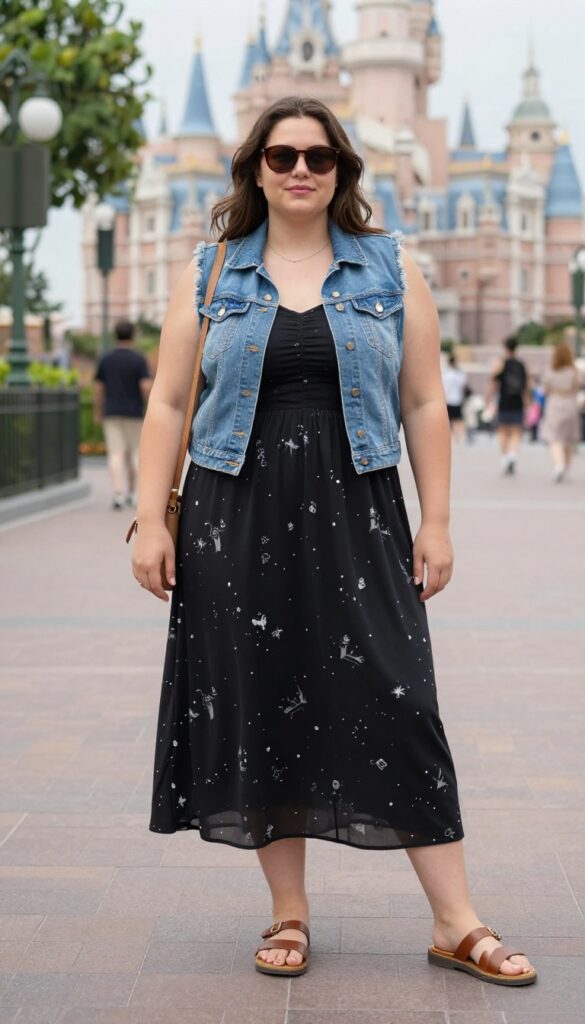 6. Maxi Dress with a Denim Vest and Sandals