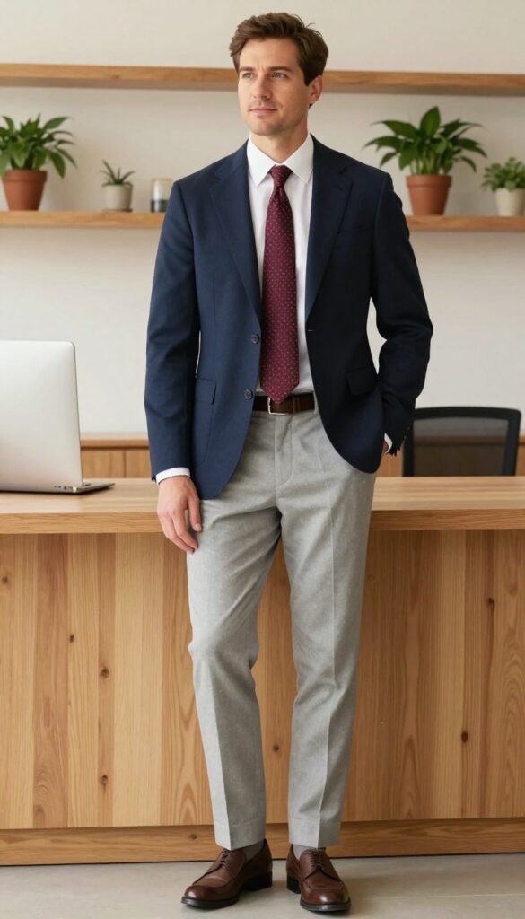 3. Navy Blazer with Gray Trousers and a Patterned Tie
