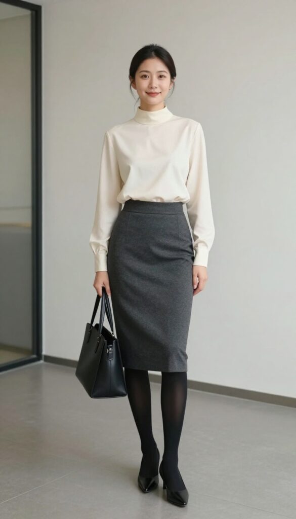 12. Pencil Skirt with a High-Neck Blouse and Tights