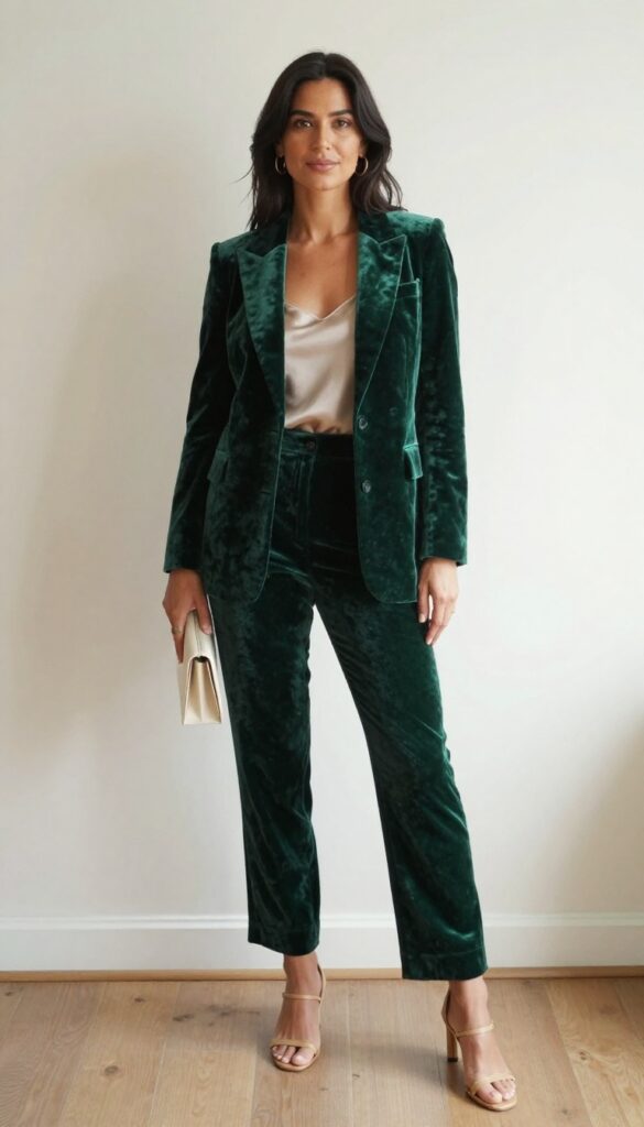 Woman in emerald green velvet blazer and matching trousers with champagne silk cami, gold hoops, and ivory clutch, standing in softly lit indoor venue.