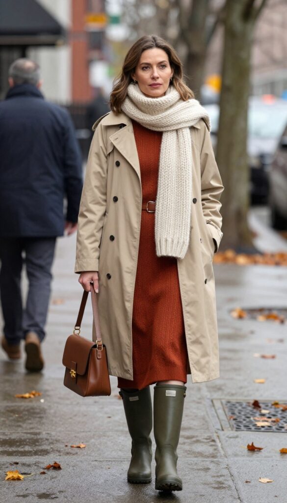 6. Knit Midi Dress + Belted Raincoat + Tall Rain Boots + Scarf