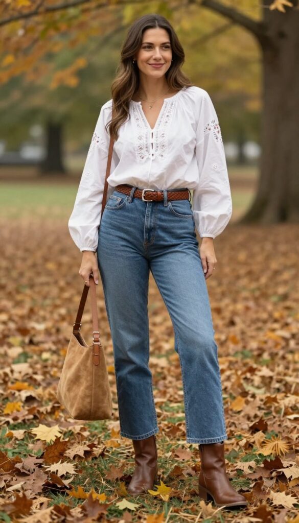 6. Embroidered Blouse with High-Waist Jeans