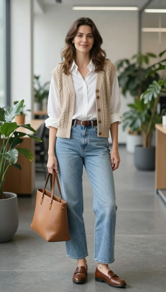 9. Sweater Vest + White Button-Down + Wide-Leg Jeans