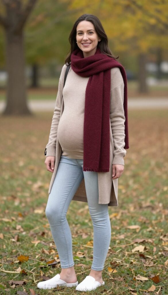 3. Maternity Skinny Jeans with a Tunic Sweater and Scarf