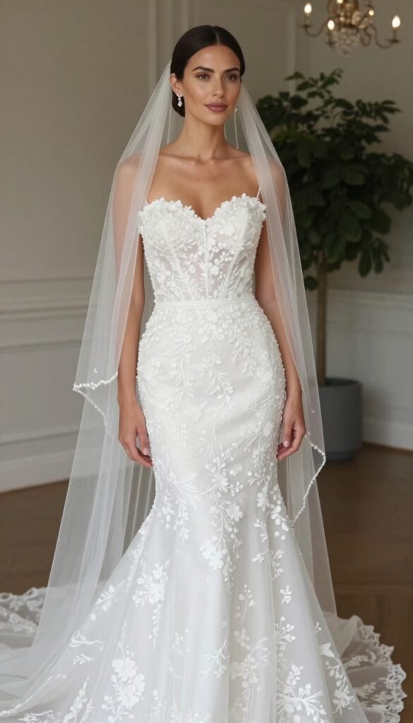 Priyanka Chopra style embroidered mermaid wedding gown with illusion neckline and veil