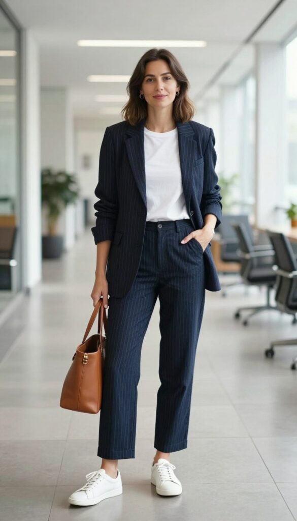 10. Pinstripe Blazer + Matching Trousers + White Tee + Trainers