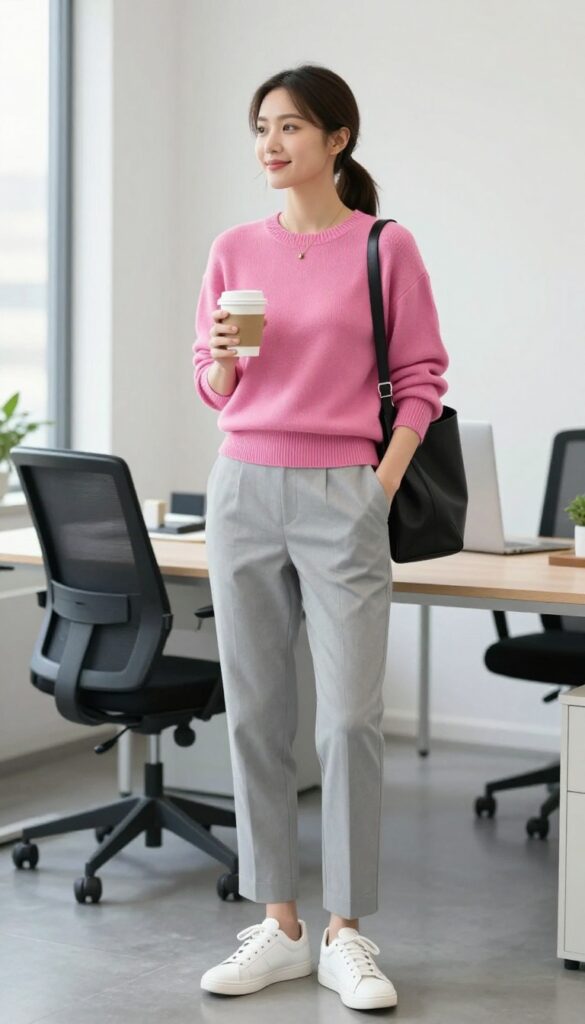 4. Fuchsia Knit Sweater + Gray Trousers