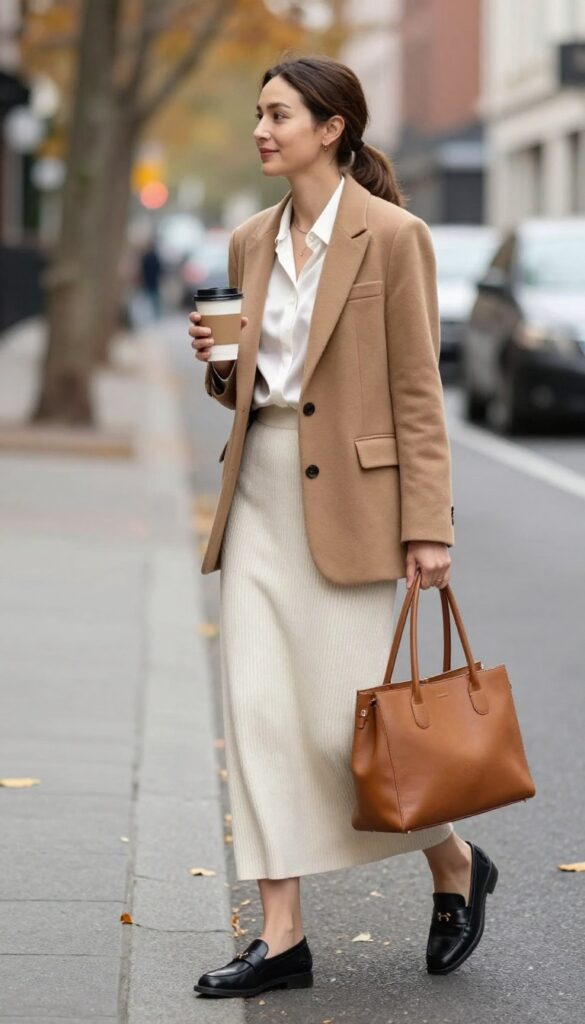 4. Blazer + Knit Maxi Skirt + Loafers