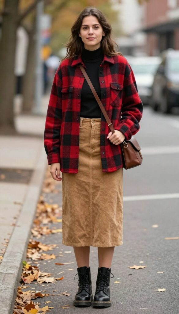 10. Plaid Shirt and Corduroy Skirt