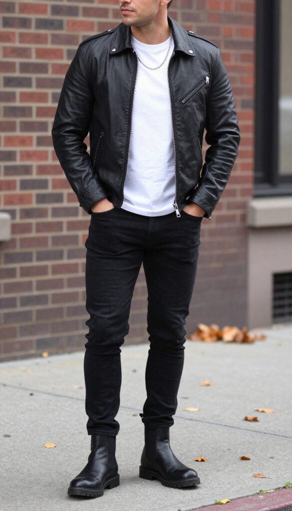 6. The Leather Jacket and Dark Denim Combo