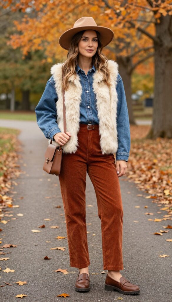 7. Faux Fur Vest with a Denim Jacket and Corduroy Pants
