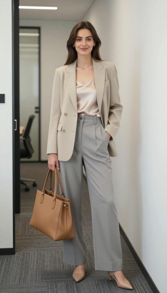 1. Blazer + Silk Camisole + Wide-Leg Trousers