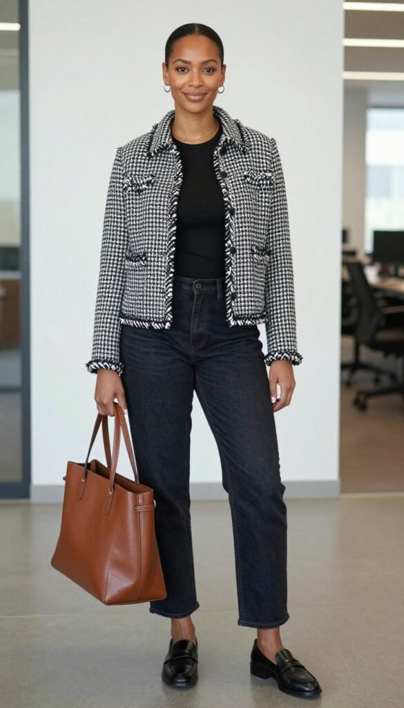 12. Tweed Jacket with Straight-Leg Jeans