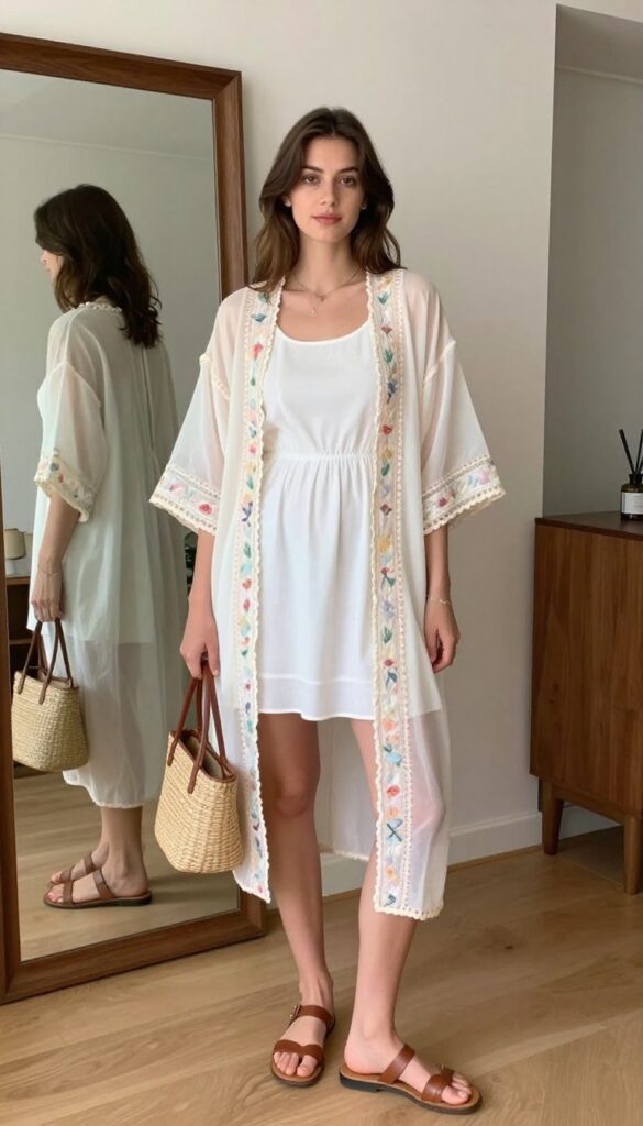 Woman in white column dress with sheer embroidered kimono, flat sandals, and woven bag