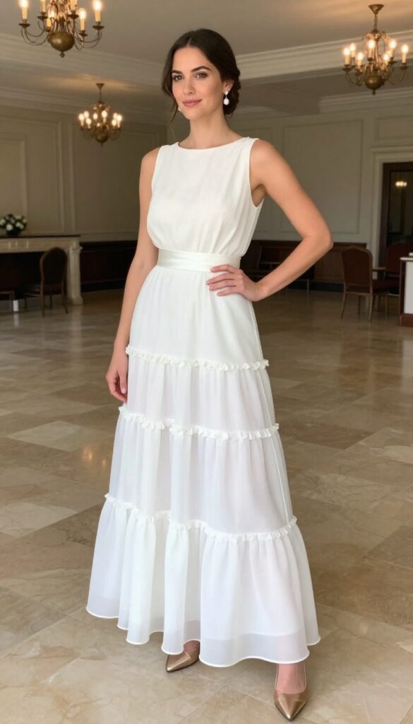 Woman in white tiered ruffled organza dress with wide satin belt, standing in grand ballroom with chandeliers, natural pose, bright warm lighting.