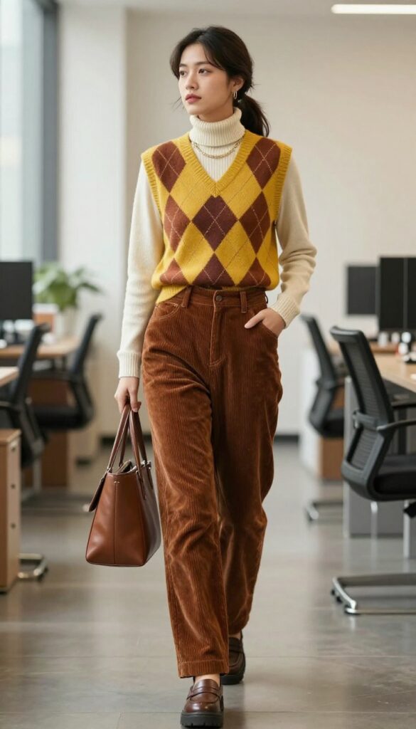 9. Sweater Vest + Turtleneck + Wide-Leg Corduroys