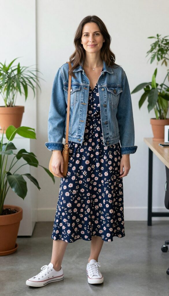 4. Denim Jacket + Floral Dress + Low-Top Sneakers